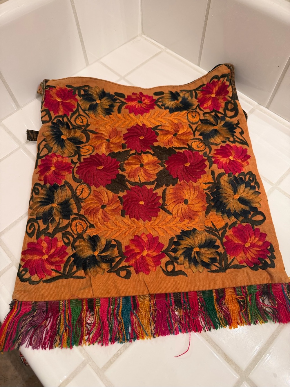 Guatemalan Embroidered Floral Fringe Tote Bag - Mustard, Red & Black